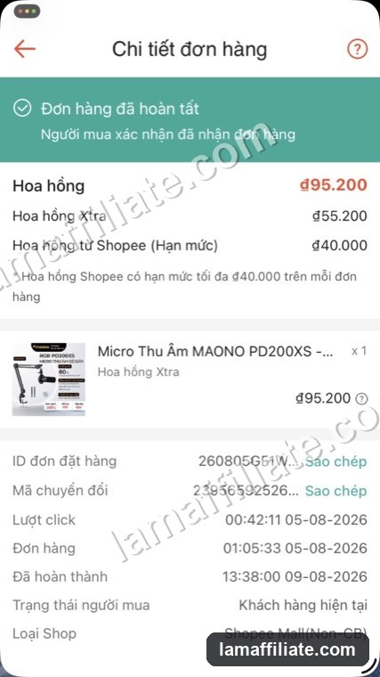 Ảnh chụp đơn Shopee Affiliate: Micro thu âm MAONO PD200XS, hoa hồng 95.200₫