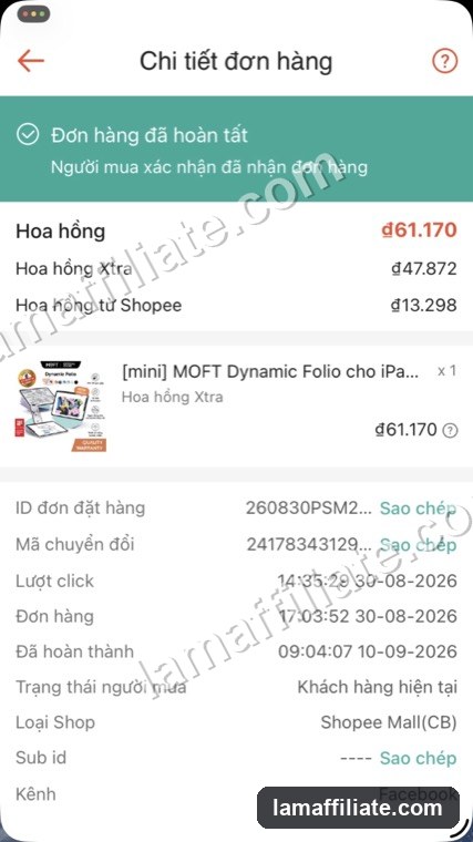 Ảnh chụp đơn Shopee Affiliate: Bao da MOFT cho iPad, hoa hồng 61.170₫